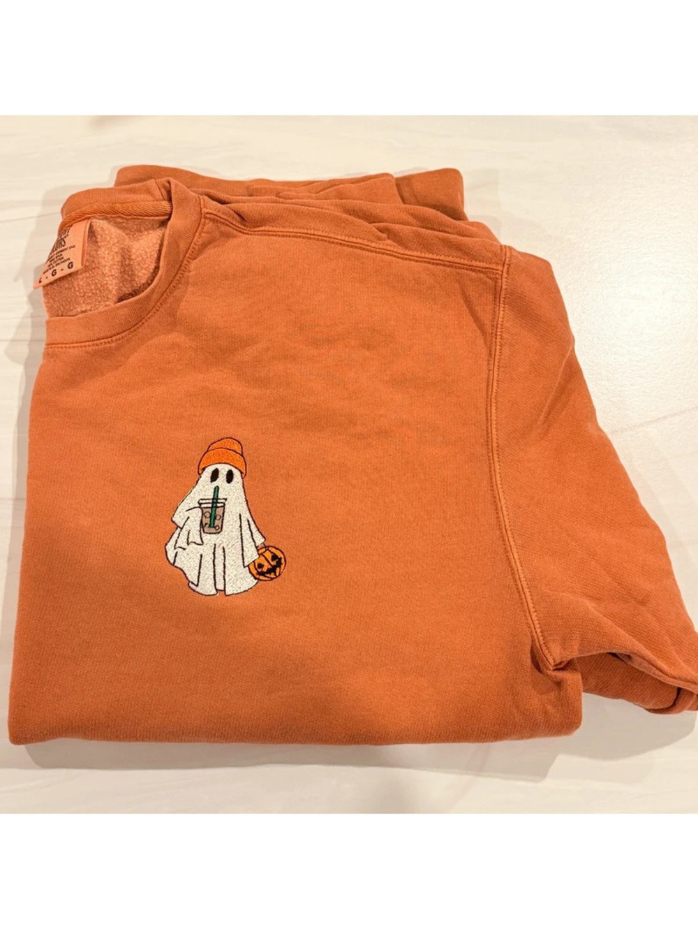 Comfort Colors Embroidered Iced Coffee Ghost Sweatshirt Large Yam Orange NWOT